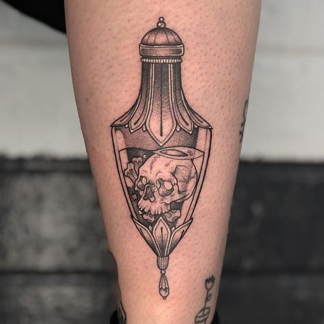 Witchy Potion Bottle Tattoo, Small Bottle Tattoo, Apothecary Bottle Tattoo, Aqua Tofana Bottle Tattoo, Specimen Jar Tattoo, Poison Vile Tattoo, Spell Bottle Tattoo, Poison Tattoo Bottle, Glass Bottle Tattoo