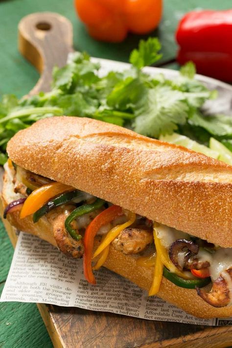 These fajita chicken cheesesteak sandwiches are full of spiced chicken, peppers and lots of cheese, all on a toasted roll. Cheesesteak Sandwiches, Chicken Cheesesteak, Chicken Peppers, Fajita Chicken, Chicken Salad Sandwich Recipe, Steak Sandwiches, Cheese All, Easy Taco Recipes, Taco Dinner