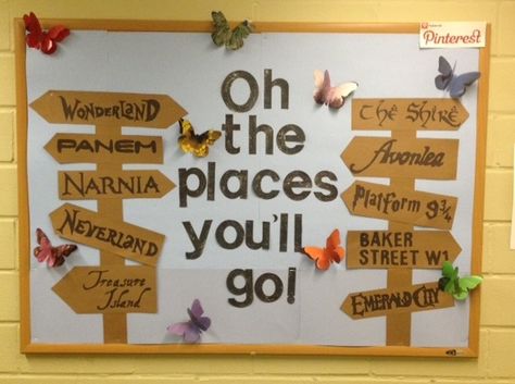 Oh the places you'll go! Summer bulletin board Reading Takes You Places Bulletin Board, Travel Bulletin Boards, Travel Classroom, School Library Book Displays, Elementary School Bulletin Boards, Summer Bulletin Board, Class Bulletin Boards, Dr Seuss Activities, Interactive Bulletin Boards