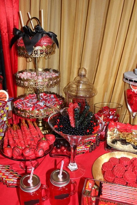 Red Carpet Candy Table Ideas, Color Theme Party Ideas For Adults Red, 21st Birthday Ideas Red And Gold, Red 40th Birthday Party Ideas, Black Red Gold Birthday Party Ideas, Red And Black 30th Birthday Party, Birthday Red Theme Decoration, Red Carpet Party Aesthetic, Red Theme Party Ideas