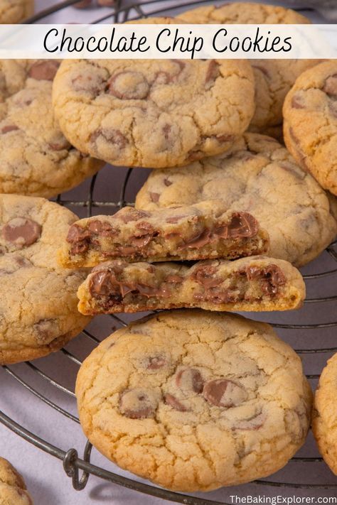 Recipe for Chocolate Chip Cookies - an easy recipe for thick and delicious cookies, stuffed with chocolate chips. Lots of tips included! #thebakingexplorer #chocolatechipcookies #chocchipcookies #easycookies #cookierecipe Recipe For Chocolate Chip Cookies, Cookies Stuffed, Make Chocolate Chip Cookies, Big Cookie, Baking Basics, Soft Sugar, Cookie Spread, Choc Chip Cookies, Delicious Cookies