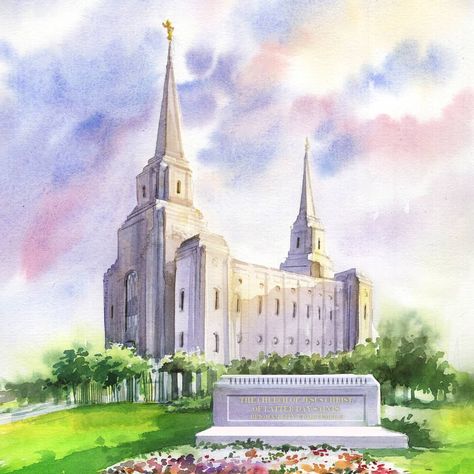 Church Portrait of Brigham City Utah Temple. Watercolor on paper. 8x12  After painting so many houses in the past couple of months it was a nice change to paint  this beautiful church building. I had a great time working on the beautiful colors of the evening sky and the play of light and shadow on the spires kissing the clouds.  Huge structures such as this present a different set of challenges than regular landscape painting. It's important to keep the scene simple yet include the necessary ar Brigham City Temple, Temple Watercolor, Brigham City Utah, Handmade House, Utah Temples, Church Building, House Portraits, Evening Sky, Watercolor On Paper