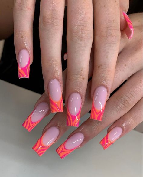 Orange And Pink Nail Designs, Pink And Orange Nail Designs, Monthly Nails, Orange Pink Nails, Nails Pink And Orange, Pink Orange Nails, Orange And Pink Nails, Pink And Orange Nails, Flame Nail Art