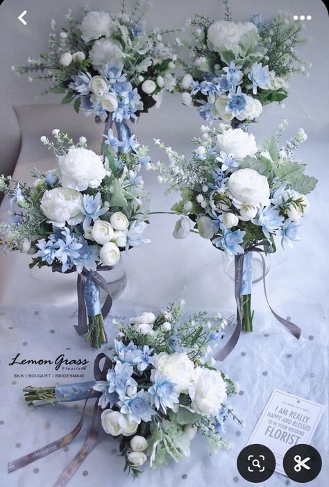 Dust Blue Bouquet, Grey Tuxedo Wedding With Blue, Wedding Flower Blue And White, Simple Bridesmaid Bouquets Dusty Blue, Wedding Bouquets Summer Blue, Powder Blue Wedding Bouquet, Light Blue And White Roses Bouquet, Wedding Blue Florals, Light Blue Bridesmaids Bouquets