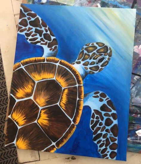 Turtle Painting Ideas On Canvas, Ocean Turtle Drawing, Turtle In Water Painting, Turtle Shell Painting, Trippy Turtle Painting, How To Paint Sea Turtles, Ocean Life Painting Easy, Tortoise Painting Acrylic, Ocean Animals Painting Acrylic Easy