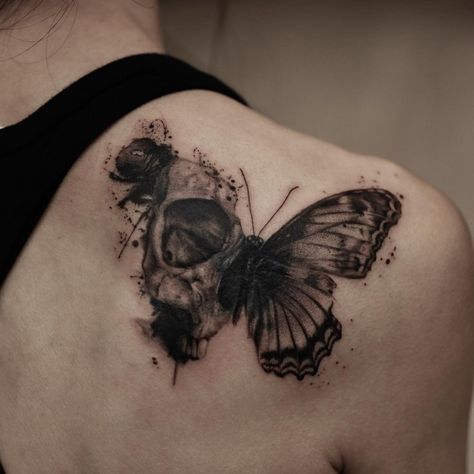 Tattoos For People Who Have Been Through Alot, Creepy Butterfly Tattoo, Skull And Butterfly Tattoo, Dark Tattoo Cover Up Ideas For Women, Butterfly Skull Tattoo, Tattoo Regret, Skull Butterfly Tattoo, Dark Inner Thighs, Butterfly Thigh Tattoo