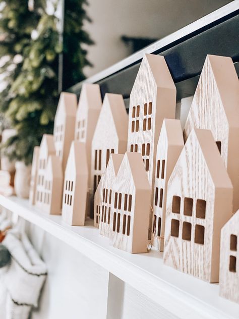 Wooden Village Houses Diy, Diy Wooden Village, Wooden Village Houses, Wood Village Houses, Wooden Christmas Village Houses, Wood Christmas Village, Wooden Christmas Village, Scene Diy, January Decor