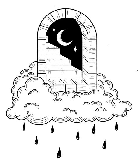 Rainy Clouds Tattoo, Doorway Tattoo Design, Archway Tattoo Design, Traditional Clouds, Rain Inspired Tattoos, American Traditional Cloud Tattoo, Doorway Tattoos, Traditional Doorway Tattoo, Doorway Art