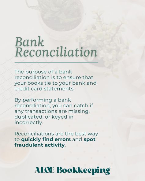 Are you making this common bookkeeping mistake of not reconciling your bank and credit card accounts? The purpose of the reconciliation is to ensure that your books tie to your bank and credit card statements. We recommend performing bank reconciliations once a month, whenever you get your monthly statements. ❗️Reconciliations are the best way to quickly find errors and spot fraudulent activity. If you don’t reconcile your bank accounts, you risk missing potential issues early. The longe... Online Bookkeeping, Bank Accounts, Credit Card Statement, Once A Month, Bank Account, A Month, Online Business, Budgeting, Credit Card