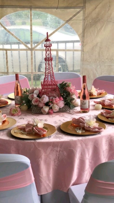 Paris bridal shower Paris Theme Party Centerpieces, Night In Paris Quincenera, Paris Theme Table Setting, French Centerpieces Paris Theme, Parisian Tea Party Decor, Paris Sweet 16 Decorations, Paris Inspired Wedding, Paris Party Theme Decorations, Paris Table Setting Ideas