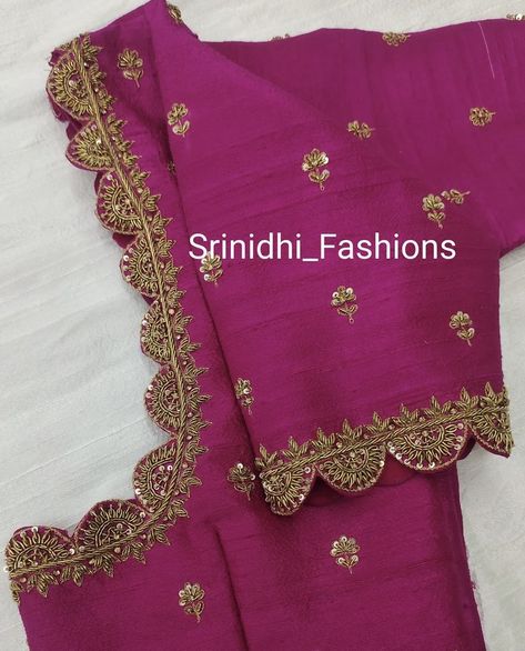 Bridal Zardosi Blouse Designs, Simple Zardozi Work Blouses, Magenta Blouse Designs, Blouse Cut Work Designs, Simple Zardosi Work Blouse Designs, Cut Work Maggam Blouse Designs, Cut Work Blouse Designs Pattern, Simple Cut Work Blouse Designs, Pink Maggam Work Blouse Designs