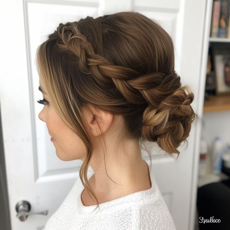 Soft Braided Updo for Long Hair Wedding Updo Thick Long Hair, Updos For Long Hair With Braids, Updos With Braids For Medium Length Hair, Easy Updos With Braids, Plaited Up Do Hairstyles, Braided Bun Hairstyles Wedding, Braided Messy Updo, Wedding Up Do With Braid, Braid Crown Ponytail