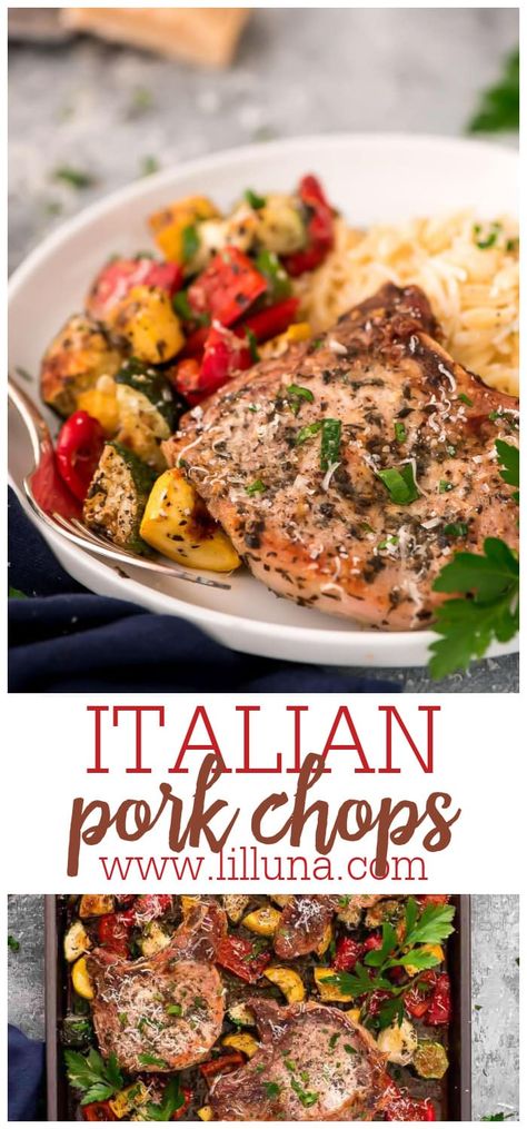 These Italian Pork Chops are so easy to make! They are baked in the oven with your favorite veggies and are so full of flavor! #Italianporkchops #porkchops #pork #Italianrecipes #porkchopsrecipe Italian Pork Chops, Italian Pork, Healthy Italian Recipes, Parmesan Crusted Pork Chops, Healthy Italian, Baked Pork Chops, Mozzarella Sticks, Sheet Pan Dinners, Pork Chop Recipes