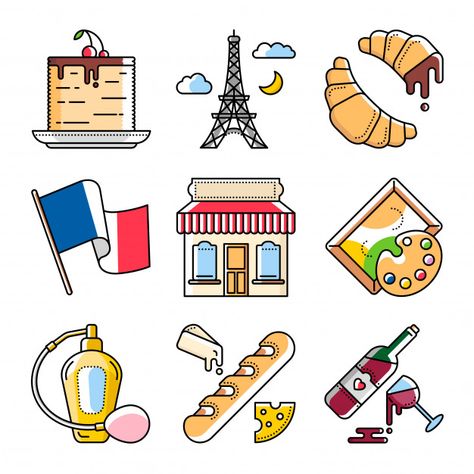 French culture and food, vector illustra... | Premium Vector #Freepik #vector #background #pattern #food #cake French Clipart, French Stickers, French Images, French Icons, Food Vector, French Kids, France Culture, France Drawing, Little Doodles