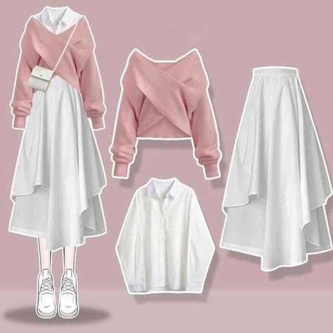 Is Beautiful I love how I stay... Good material Cross Knit Sweater, Shirt And Skirt Set, Kawaii Swimsuit, Cross Sweater, Dark Academia Clothing, Irregular Skirt, Style Kawaii, Korean Design, Cottagecore Fashion