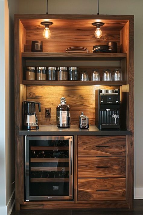 Home Bar And Coffee Station, Pantry With Coffee Station, Bar And Coffee Station Ideas, Koffie Stations, Coffee Bar In Kitchen, Bar In Kitchen, Office Coffee Station, Home Coffee Station, Coffee Lifestyle