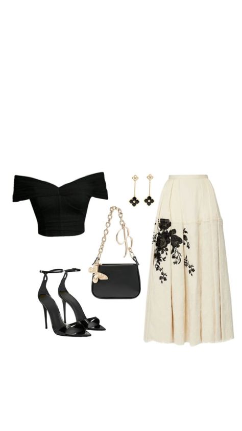 where would you wear this? Black Cream Outfit, Black And Cream Outfits, Flowy Skirt Outfit, Cream Skirt, Black Strappy Heels, Quick Outfits, Classy Work Outfits, Fashion Mistakes, Looks Chic