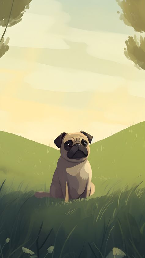 A vivid and detailed phone wallpaper featuring an adorable pug with a wrinkled face and expressive eyes, sitting on a lush green grass surrounded by small flowers. The illustration style is whimsical and colorful, with gentle shading and a sense of depth, making it a delightful visual experience. Pug Animation, Pug Wallpaper Iphone, Pug Wallpaper, Anjing Pug, Pug Cartoon, Pug Tattoo, Pug Illustration, Old Pug, Dog Portraits Art