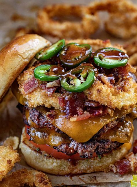 Rodeo Burger, Cowboy Butter, Bbq Burger, Best Sandwich Recipes, Best Burger Recipe, Bbq Burgers, Jalapeno Peppers, Bacon Burger, Gourmet Burgers