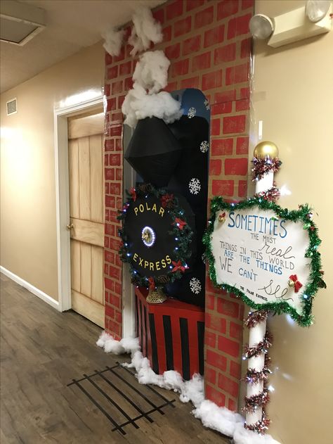 Polar express door. Christmas door Polar Express Door Decorations, Polar Express Door, Polar Express Christmas Party, Polar Express Theme, Christmas Hallway, Diy Christmas Door Decorations, Door Decorations Classroom Christmas, Polar Express Party, Holiday Door Decorations