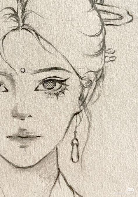 Indian Sketches Pencil Easy, Aesthetic Face Sketch, Sketches Pencil Aesthetic, Female Face Drawing Sketches, Japanese Sketch Art, Facial Sketches, Manhwa Sketch, Portrait Drawing Ideas, Easy Nature Drawings