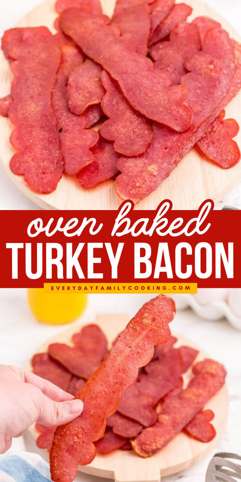 Oven baked turkey bacon is a healthier alternative to bacon that’s crispy, delicious, and way less messy to make. Baked Turkey Bacon, Turkey Bacon In Oven, Turkey Bacon In The Oven, Bacon In Oven, Oven Baked Turkey, Turkey Bacon Recipes, Easy Turkey Recipes, Easy Recipes For Beginners, Baked Turkey