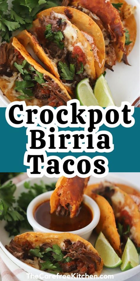 This easy birria tacos recipe lets you make rich, savory beef in the slow cooker. You'll dip corn tortillas into the flavorful chipotle braising liquid, stuff them with tender shredded beef and cheese, then pan-fry them. Top these cheesy quesabirria tacos with fresh pico de gallo, cilantro, and a squeeze of lime. Bonus: use the braising liquid as a tasty dipping sauce. You'll quickly see why these birria tacos have taken the internet by storm. Birria Tacos In Crockpot, Street Tacos Birria, Birria Tacos Using Enchilada Sauce, Crockpot Beef Birria Tacos, Slow Cook Birria Tacos, Quesebirra Tacos, How To Make Birria Tacos Easy, Borrow Tacos Recipe, Crockpot Recipes Birria