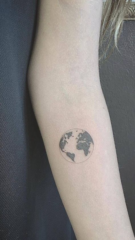 World Atlas Tattoo, Globe Tattoos For Women, Abstract Earth Tattoo, Earth Outline Tattoo, World Tattoos For Women, Small Earth Tattoo, Planet Earth Tattoo, Earth Tattoo Ideas, Distance Tattoos