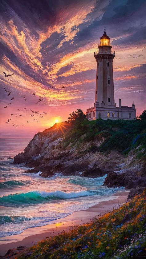 Transform your space with this breathtaking Impressionist-inspired wallpaper featuring a majestic lighthouse on a rugged cliff. Bathed in a golden sunset, the vibrant sky and shimmering waves create a tranquil coastal escape. Perfect for beach lovers, this Art Deco elegance captures the essence of hope and solitude. Ideal for home decor, wall art, and interior design inspiration. Lighthouse Wallpaper, Lighthouse Sunset, Ocean Cliff, Inspired Wallpaper, Golden Sunset, Ocean Scenes, Beach Lovers, Decor Wall Art, Interior Design Inspiration