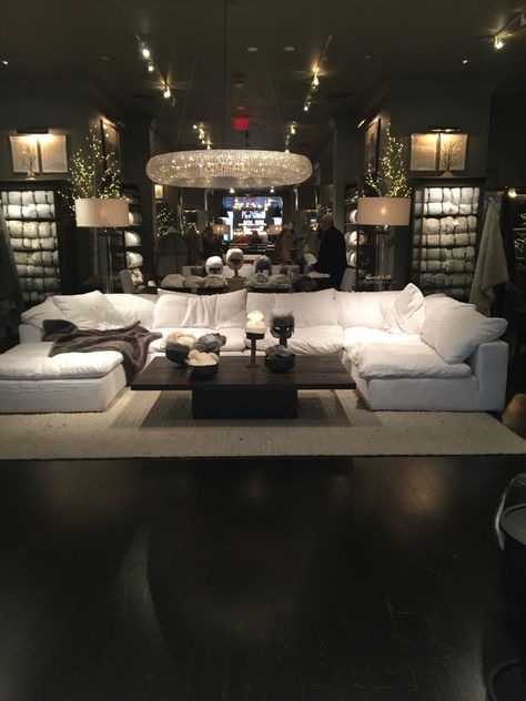 Restoration hardware "cloud" couch.  A piece of heaven Living Room Couch U Shape, Large Fluffy Couch, Rh Couch, Halo Chandelier, Black Cloud Couch Living Room, Rh Cloud Couch Living Room, Rh Cloud Couch, Deep Couches Living Room, Cloud Couch Restoration Hardware