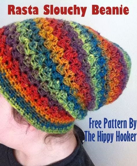 The Hippy Hooker: Rasta Slouchy Beanie - Free Crochet Pattern Slouchy Beanie Pattern, Rasta Hat, Slouch Hat Pattern, Crochet Caps, Crochet Adult Hat, Crochet Slouchy Hat, Crocheted Hats, Crocheted Hat, Crochet Hat Free