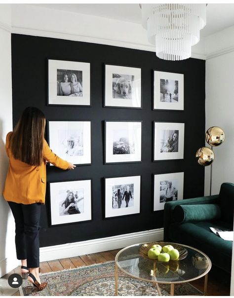 Black Accent Wall With Black And White Pictures, Black Wall With Photos, Family Photo Wall Dining Room, Black And White Family Photo Wall, Black Picture Wall, Black Photo Wall, Decorate Ideas, Charcoal Walls, Room Revamp