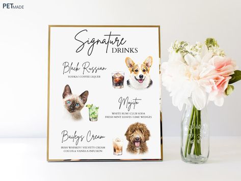 Custom Dog Signature Drinks Menu Card, Unique Pet Wedding Cocktail Sign Featuring Pet Portrait, Name, Watercolor Drink Images Custom Text - Etsy Name Watercolor, Cocktail Sign, Cocktails Sign, Wedding Pets, Menu Card, Pet Signs, Wedding Cocktail, Wedding Drink, Drink Menu