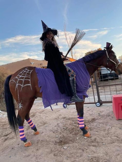 Witch Horse Costume, Horse Witch Costume, Horse Riding Halloween Costumes, Black Horse Halloween Costumes, Horse And Rider Halloween Costumes Diy, Halloween Costumes Horse And Rider, Costume Horse And Rider, Easy Horse Costumes, Equestrian Halloween Costumes