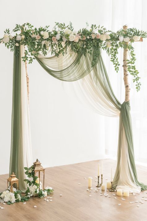 Quince Main Table Ideas Sage Green, Wedding Wall Covering Ideas, Hanging Wisteria Wedding Arch, Sage Green Wedding Backdrop Ideas, Wedding Photo Area Backdrop Ideas, Army Green Wedding Theme, Simple Wedding Backdrop Indoor, Photo Wall Wedding Backdrop, Diy Wedding Arch Outdoor