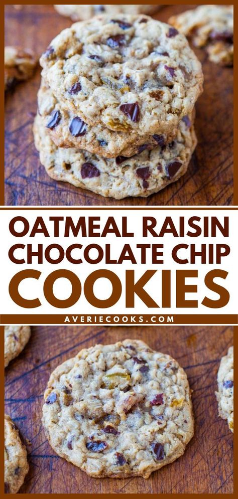 Want more dessert ideas? Try this easy cookie recipe! These soft, chewy oatmeal cookies are loaded with raisins and chocolate chips. Keep a log of these slice-and-bake cookies in the freezer for future cravings! Chocolate Chip Oatmeal Raisin Cookies, Fall Chocolate Chip Cookies, Chocolate Raisin Cookies, Raisin Chocolate Chip Cookies, Oatmeal Raisin Chocolate Chip Cookies, Soft Chewy Oatmeal Cookies, Oatmeal Raisin Bars, Bake Oatmeal, Chewy Oatmeal Cookies