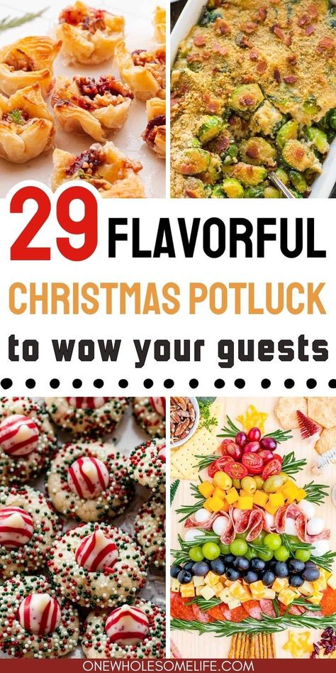 collage of christmas potluck recipes. Dishes To Bring To A Party Holiday, Side Dish Easy Party, Family Potluck Recipes, The Best Potluck Dishes, Delicious Potluck Recipes, Pass A Dish Ideas, Christmas Party Meal Ideas For A Crowd, Crockpot Christmas Potluck Recipes, Holiday Potluck Side Dishes