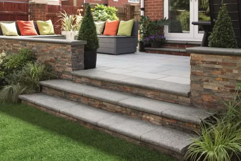 12 Ideas For Sloped Gardens | Marshalls Tiered Patio, Garden Slabs, Patio Edging, Patio Stairs, Raised Patio, Patio Steps, Patio Slabs, Stone Steps, Small Patio Garden