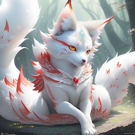 White Fox Art, White Kitsune, Dnd Pets, Air Bending, Kitsune Girl, Fox Artwork, Art Fox, Kitsune Fox, Mythical Animal