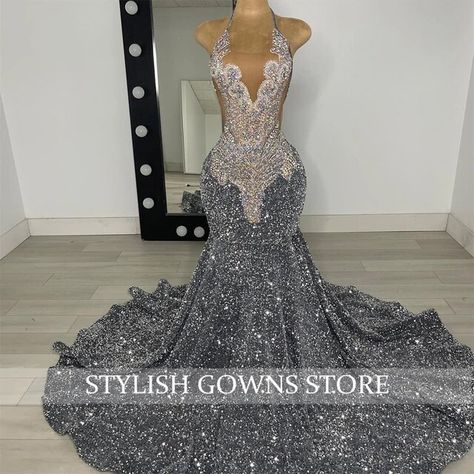 Prom Dresses Crystals, Silver Grey Prom Dress, Black Prom Dress Silver, Silver Glitter Prom Dress, Aliexpress Prom Dress, Prom Dresses Grey, Prom Dresses Gray, Silver And Black Prom Dress, Prom Nails For Silver Dress