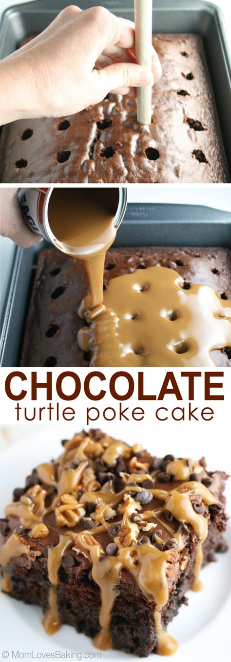 Chocolate Turtle Poke Cake Chocolate Turtle Poke Cake, Turtle Poke Cake, Chocolate Turtle, Cookie Brownies, Chocolate Turtles, Poke Cake Recipes, Brownie Desserts, Poke Cakes, Fudge Cake