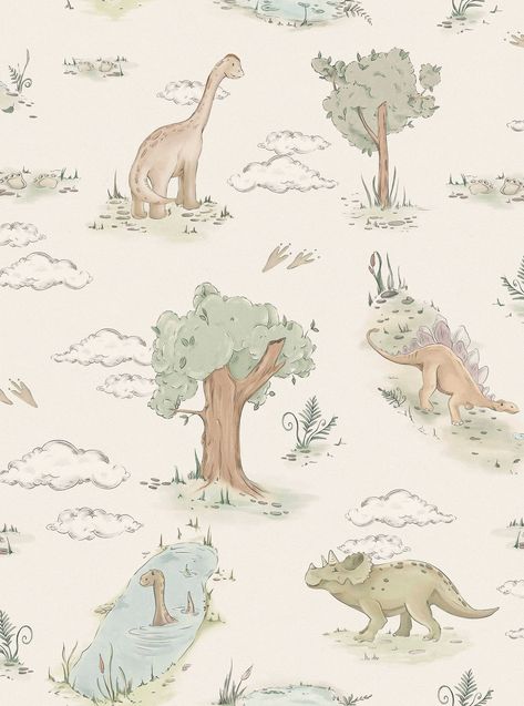 Our sweet, balanced and calming pattern, 'Dino Dreams', is the perfect paper for any nursery or little person's bedroom. With hand drawn playful dinosaurs, overlaid onto a soothing splash of colour, the design is fun and eye catching for little ones without compromising a thoughtfully and tastefully designed space. Available in three colourways there is enough variety to suit all tastes and environments. Printed on the highest quality non woven substrate, application is easy using a 'paste the w Wallpaper Dino, Dinosaur Room, Cool Kids Bedrooms, Dinosaur Wallpaper, Kids Deco, Dinosaur Drawing, Dinosaur Illustration, Toddler Boys Room, Dinosaur Nursery