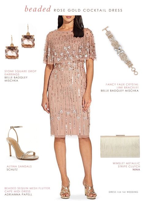 Rose gold sequin cocktail dress and accessories | Elegant semi-formal outfit for a wedding guest or Mother-of-the-Bride  #weddings #weddingguest #motherofthebride Rose Gold Elegant Dress, Rose Gold Cocktail Dress, Wedding Parents, Cream Bridesmaid Dresses, Mog Dresses, Rose Gold Cocktail, Rose Gold Bridesmaid Dress, Rose Gold Clothes, Dress For The Wedding