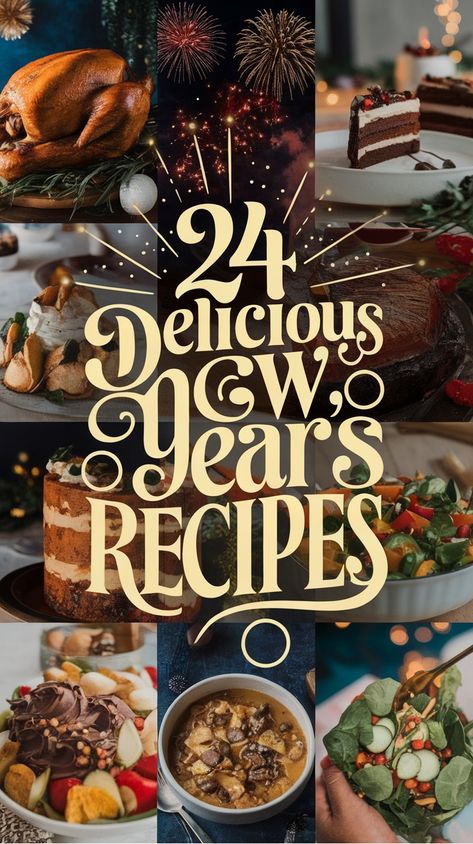 24 New Year's recipes collage featuring a roasted turkey, chocolate cake, layered desserts, salads, and fireworks in the background. New Year's Eve Dinners, New Year Recipes Good Luck, New Year’s Eve Menu Party, New Year's Eve Family Dinner, New Year Day Dessert Ideas, New Year Eves Food, New Year Day Dinner Ideas, New Years Eve Crockpot Recipes, New Years Menu Ideas Families