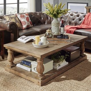 SIGNAL HILLS Edmaire Rustic Baluster Weathered Pine 55-inch Coffee Table Coffee Shop Furniture, Furnitur Ruang Keluarga, Garden Coffee Table, Table Decor Living Room, Diy Kitchen Decor, Coffee Table Farmhouse, Rustic Coffee Tables, Solid Wood Coffee Table, Diy Coffee Table