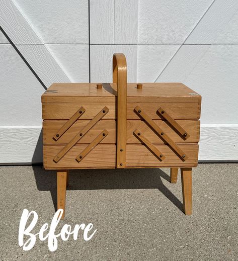 This vintage wooden sewing box is getting a fabulous update today using paint and a gorgeous transfer! Wooden Sewing Box, Vintage Sewing Box, Painted Baskets, Diy Furniture Renovation, Wooden Design, Furniture Renovation, Sewing Rooms, Sewing Box, Recycled Furniture