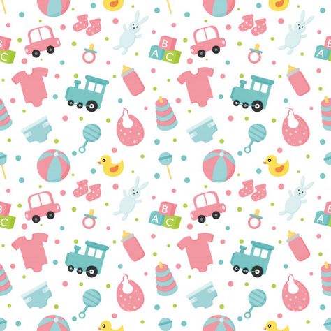 Baby toys and clothes seamless pattern. newborn illustration. Baby Prints Pattern Design, Baby Prints Pattern, Baby Pattern Illustration, Toys Print, Newborn Illustration, Clothing Printing, Digital Paper Free, Cute Whale, Scrapbook Clipart