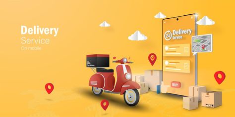 E-commerce concept, Delivery service on mobile application Mobile Advertising Design, Grocery Delivery App, Food Delivery Business, Grocery Delivery Service, Food Delivery App, Mobile Advertising, Delivery App, Online Grocery Delivery, Post Instagram