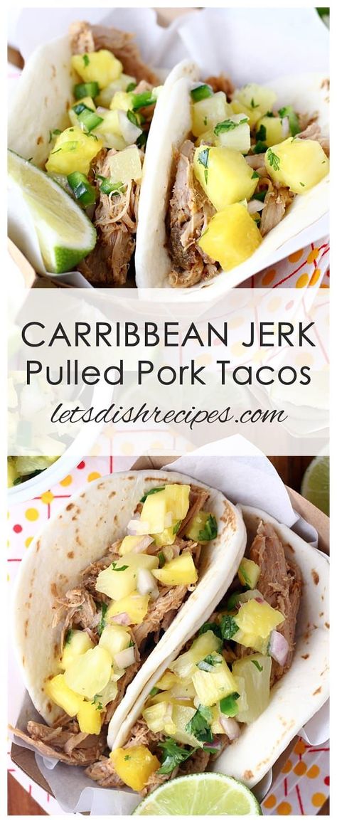 Slow Cooker Caribbean Jerk Pulled Pork Tacos Recipe: Slow cooked shredded pork is seasoned with Caribbean spices and served in tortillas with fresh pineapple salsa. #pork #tacos #slowcooker Jerk Pulled Pork, Caribbean Spices, Pulled Pork Slow Cooker Coke, Pulled Pork Tacos Recipe, Pulled Pork Recipe Slow Cooker, Jerk Pork, Special Meals, Pulled Pork Tacos, Mexican Meals