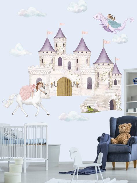 Create a fairy tale atmosphere in your space with our enchanting princess castle wall decal. This watercolor-style design features a castle, a white horse, a friendly dragon, and a charming frog. Visit our Etsy store to bring the magic of these characters to your walls! Castle Wall Decal, Castle White, Friendly Dragon, Unicorn Room, Wall Fabric, Flying Dragon, Dragon Wall, Castle Wall, Princess Castle